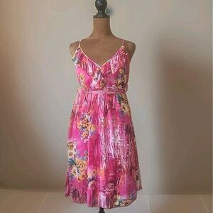 Y2K Dress‎ Size M Pink Floral Chiffon Ruffle Front Sleeveless Fairy
